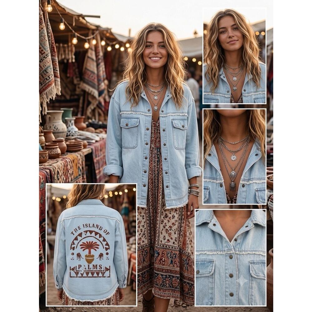 Denim Shirt Button Down Boho Fringe Island Of Palms Embellished Medium